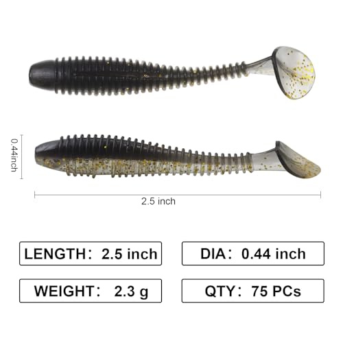 Paddle Tail Swimbaits, 2.5 inch/3inch Soft Lures Fishing Trout Crappie Bass for Freshwater and Saltwater 75PCS/60PCS - color: Black Crystal Translucent, size: 2.5 inch, 75 PCs