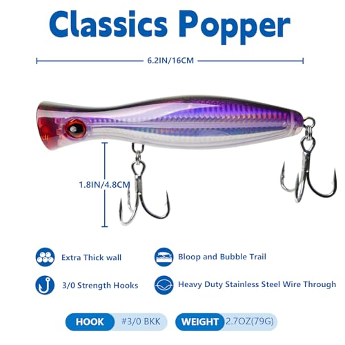6.2 Inch 2.73 oz Saltwater Topwater Popper Fishing Lures with 3/0 4X Strengthened BKK Treble Hooks, Through-Wire for Strength & Durability, Target GT, Tuna, Sea Bass, Marlin - color: A2-/2.73OZ-6.2''
