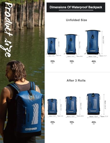 IDRYBAG Waterproof Backpack for Men 20L/30L/40L, Floating Dry Bag Kayak, Dry Backpack Hiking - color: Blue, size: 20L