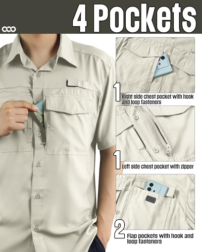 33,000ft Men's Fishing Shirts Lightweight Cool Quick Dry Sun Protection UV Short Sleeve Shirt for Casual Hiking Safari Travel - color: Khaki, size: Small