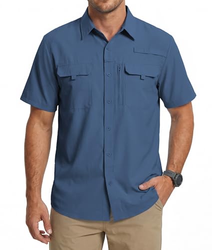 WULFUL Men's Sun Protection Fishing Shirts UPF 50+ Lightweight Quick Dry Cooling Short Sleeve Shirts for Work Hiking Safari - color: Blue, size: Large