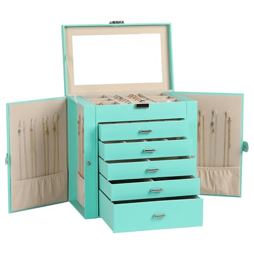 Frebeauty Large Jewelry Box,6-Tier PU Leather Jewelry Organizer,Multi-functional Storage Case with Mirror,Accessories Holder with 5 Drawers for Necklace Bracelets Watches(Turquoise) - color: Turquoise, size: Large