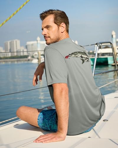 Pudolla Men's Fishing Swim Graphic Shirts Short Sleeve Sun Protection UV UPF 50+ SPF Tee Quick Dry Lightweight Water Tops - color: Grey_wild_fish, size: Small