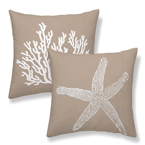Brown Coastal Pillow Covers 16x16 Inch Set of 2 Nautical Brown Starfish Coral Throw Pillows Spring Summer Beach Ocean Pillowcases Linen Outdoor Decorative Cushion Covers for Bed Sofa Couch - color: Brown Starfish Coral, size: 16" x 16" (Pack of 2)