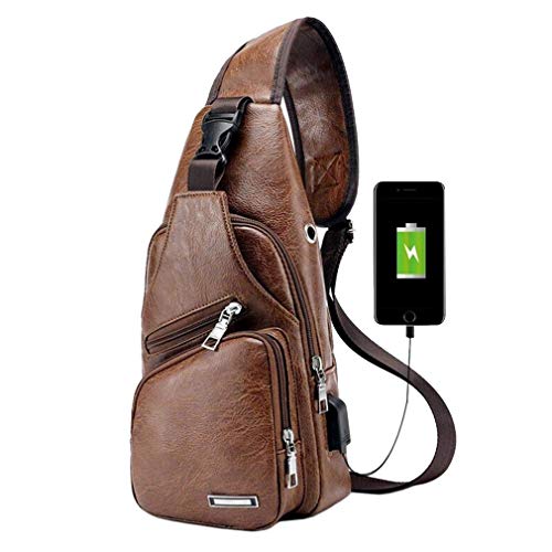 Hebetag Leather Sling Bag Crossbody Backpack for Men Women Travel Outdoor Camping - color: #21brown(pu/Usb)