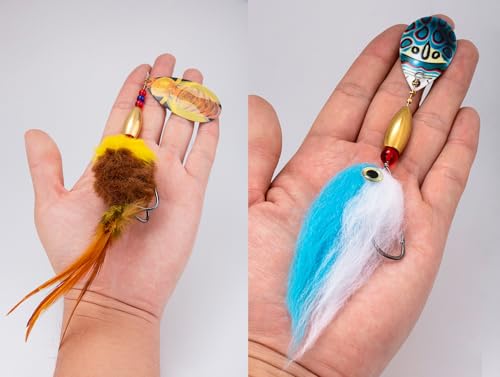 Pike Musky Walleye Fishing Lure Spinnerbait with Feathered Hooks Rooster Tail Fishing Lures Spoon Lures Baits with Tackle Box - color: Style A-Brown
