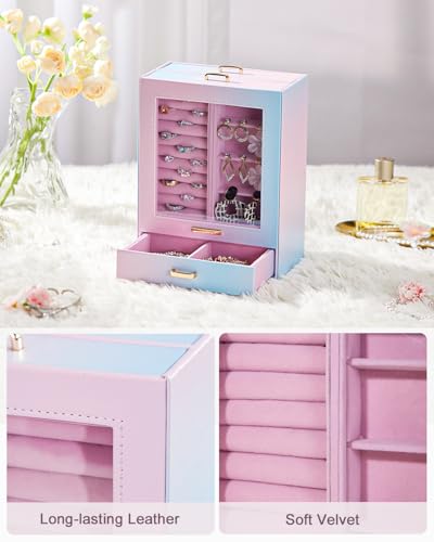 Homde Jewelry Organizer Girls Women Jewelry Box for Necklaces Rings Earrings Gift Bracelets Storage Case (Blue - Pink Gradient + Gold) - color: Blue - Pink Gradient + Gold