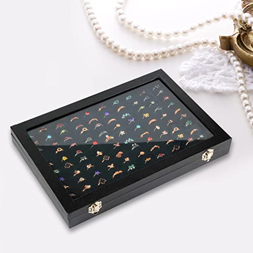 Ring Display Case Organizer Box with Transparent Lid, 100 Slots Ring Storage Display Box Case Tray Holder PU Leather Black - color: Black, size: Ring tray