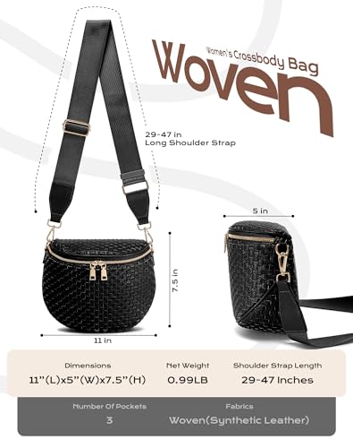 Trendy Woven Checkered Crossbody Bum Bag for Women，PU Leather Checkered Purse Fanny Packs Belt Bag (Woven Bum Bag - Pure Black) - color: Woven Bum Bag - Pure Black