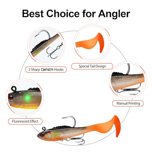 TRUSCEND Shadtale Easy Catch Soft Fishing Lures with BKK Hooks - Trembly Sinking and Vibrating Swim for More Bites, Pre-Rigged Swimbaits for Bass, Trout, Crappie, Walleye, Freshwater Saltwater Fishing - color: B1-3.5",0.5oz