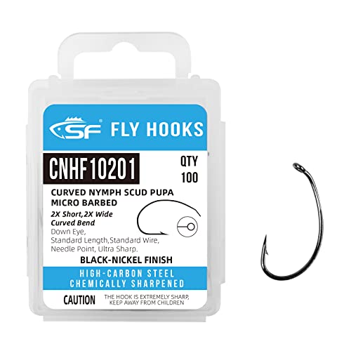 SF Fly Tying Hooks Ultra Sharp High Carbon Steel for Nymphs Wet Traditional Dry Streamers Eggs Jig Poppers Emergers Terrestrial Flies with Mini Box 100Pcs - size: #12 Black Nickel 100Pcs, style: Curved Nymph Scud Pupa Micro Barbed