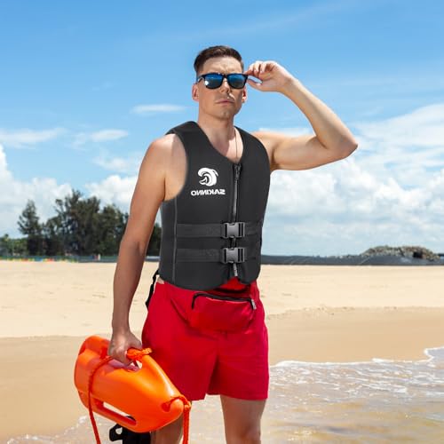 Water Kayaking Jacket for Adults and Kids, Buoyancy Swimsuit Boating Fishing Waistcoat Zipper Closure, Unisex Outdoor Water Sports Vests - color: Black, size: X-Large