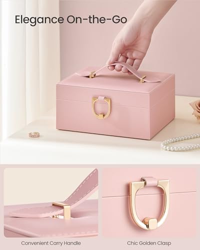 SONGMICS 2-Layer Jewelry Box Organizer, Jewelry Storage Case with Removable Tray and Handle, for Necklaces, Earrings, Rings, Bracelets, 6.7 x 8.1 x 3.7 Inches, Gift Idea, Jelly Pink UJBC208SA01S - color: Jelly Pink