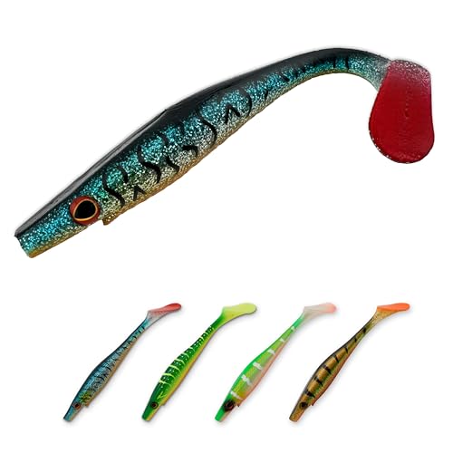 Thump Shad Paddle Tail Swimbait, 6" Soft Lures for Bass, Extra Weight Heavy Kicking Tail for Jig Head & Weighted Swimbait Hook, 3 Pack - color: Blue Shad Firetail