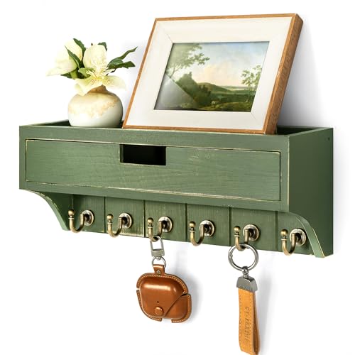 Rebee Vision Pine Wood Key Holder Wall Mount with Drawer Organizer for Home Decor – Mail Organizer with 6 Key Hooks & Storage Shelf – Apartment Essentials for Entryway, Living Room (Green) - color: Green, style: 1-Drawer