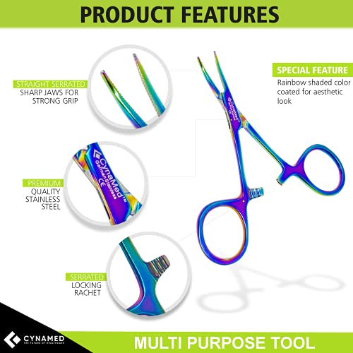 Cynamed Mosquito Hemostatic Forceps with Multicolor/Rainbow Titanium Coating - Premium Quality - Hemostat Clamping Pliers with Serrated Jaws - 3.5 in. (Curved) - style: Curved