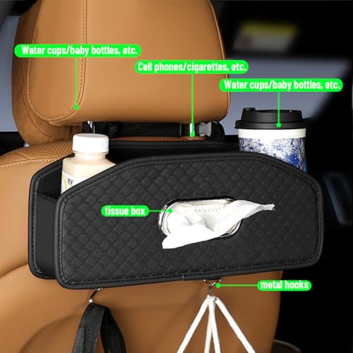 Car Seat Back Organizer, 4-in-1 Backseat Headrest Storage Box with 2 Cup Holder Hooks Tissue Box, Multifunctional Seat Back Storage Organizer for Hold Phones Drinks Bags, Universal Fit (Black) - color: Black