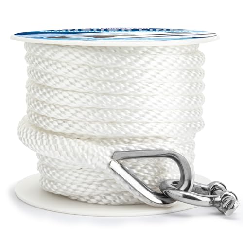 Anchor Rope Braided Anchor Line(White, 3/8" x 50') Premium Solid Braid MFP Boat Rope with Stainless Steel Thimble & Shackle, Quality Marine Line, Boat Accessories - style: 3/8" x 50'