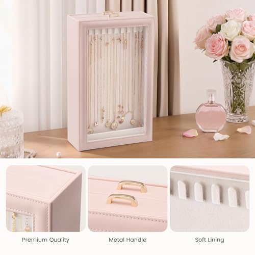 Lolalet Necklace Organizer Box, Jewelry Storage Box with Clear Window for Necklaces Bracelets, Tangle-Free Necklace Display Case for Women Girls, Pink, 2 Layers 20 Hooks - color: Pink, size: 2 Layers, 20 Hooks