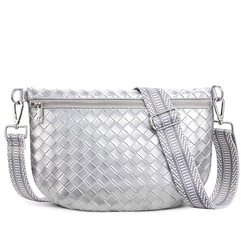 KALIDI Woven Crossbody Bags for Women Travel Vegan Leather Fanny Packs for Woman Men Cross Body Purse Fashion Belt Bum Bag - color: Silver