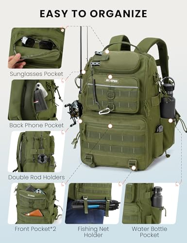 SKYSPER Tackle Backpack Fishing Bags with Rod Holder, 40L Water-Resistant Tackle Box Storage Bag for Fishing Gear Lures(Armygreen) - color: Armygreen