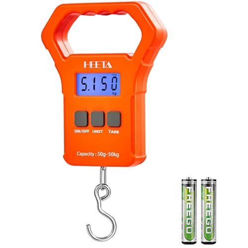HEETA Fish Scale, 110lb/50kg Digital Portable Hanging Fishing Weight Scale with Backlit LCD Display, Luggage Scale with Hook, Non-Slip Large ABS Handle & 2 AAA Batteries, Fishing Gifts Gear for Men - color: Orange