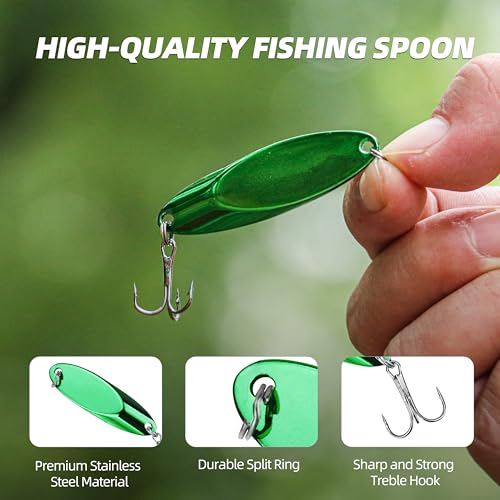 Slant Cut Spoon 8PCS – Metal Fishing Baits with High-Reflective Blades for Bass, Trout, Pike, Walleye – Sharp Treble Hooks for Freshwater & Saltwater, Long Casting, Lake & River Fishing - size: 3/8oz