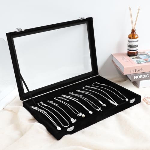 Wudygirl Jewelry Organizer Necklace Organizer Box 20 Hooks Necklaces Holder Display Case Black Velvet Jewelry Organizer with Clear Lid(Black Necklace Tray) - color: Black, size: Necklace