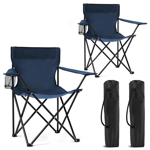 2 Pack Portable Camping Chairs Folding Lawn Chair Outdoor Lightweight Beach Chair with Cup Holder & Carry Bag for Outside Sports, Fishing, Hiking, Travel, Picnic, Backyard (Navy) - color: Navy, size: Medium