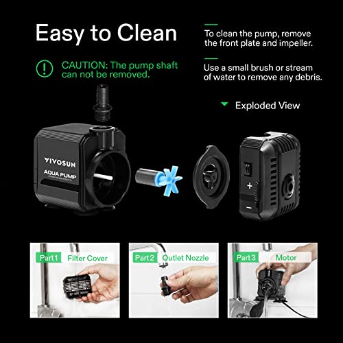 VIVOSUN 210GPH Submersible Pump(800L/H, 8W), Ultra Quiet Water Pump with 3.3ft High Lift, with 5ft Power Cord, 2 Nozzles for Fish Tank, Pond, Aquarium, Statuary, Hydroponics Black - size: 5"×3"-210