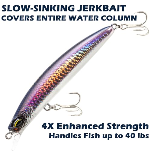 Jerkbait Fishing Lure Minnow 119S, Slow Sinking Saltwater Surf Fishing Lures with Tungsten Weight, Long Cast System, Through-Wire Construction, BKK 4X Hooks, for Halibut Striped Bass Surf Perch