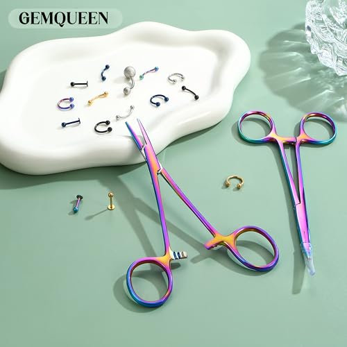 GEMQUEEN Piercing Curved and Straight Forceps for Changing Jewelry - 316L Surgical Stainless Steel Pliers Tool Set Colorful Locking Tweezers Clamps for Removal Earrings Lip Nose Rings 2 PCS - color: Colorful