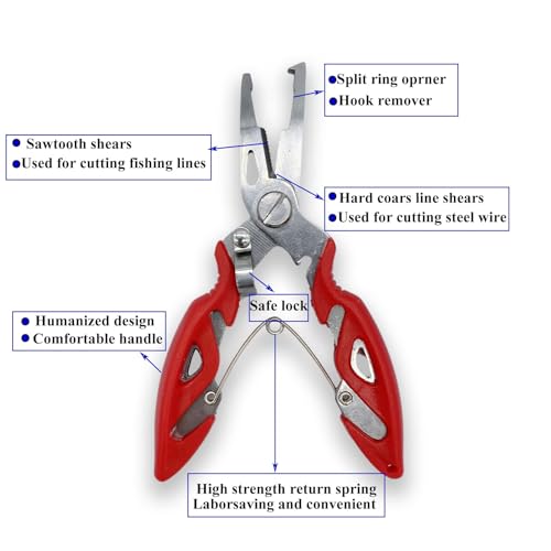 Pack of 201pcs Fishing Stainless Steel Split Rings 5 Sizes and Plier Set, Split Ring Capable of withstanding Large tensile Force and Fishing Plier Tool Kit for Saltwater Fishing Lure Connectors… - color: 250pcs Rings&Red plier