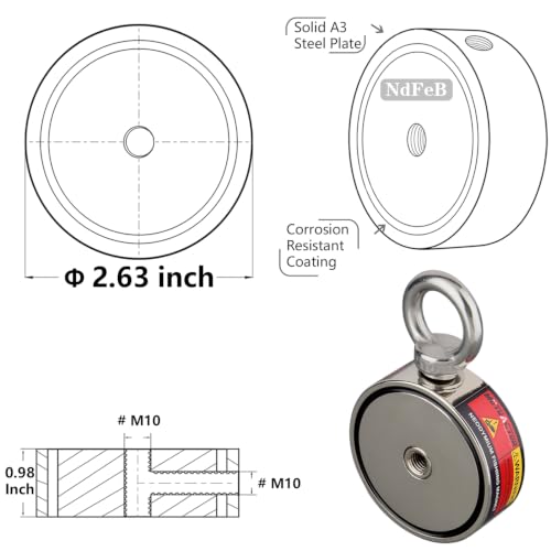 MUTUACTOR Neodymium Fishing Magnet,Φ2.63'' Combined 1100lbs Double Sided Strong Fishing Magnet Heavy Duty with 65Ft Salvage Rope,Gloves,Waterproof Bag for Retrieving Tools Find Treasure - style: 1100lb Magnet(Double Sided)--Φ 2.63"