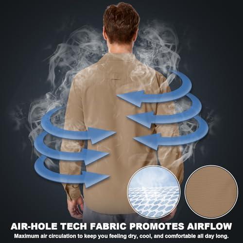 Men's Sun Protection Safari Fishing Shirts Long Sleeve UPF50+ UV Quick Dry Lightweight Cooling Hiking Travel - color: Gravel Brown, size: Large