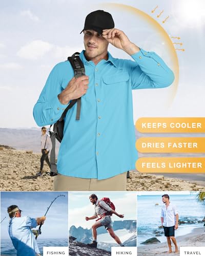 33,000ft Men's Long Sleeve Sun Protection Shirt UPF 50+ UV Quick Dry Cooling Fishing Shirts for Travel Safari Camping Hiking - color: Bright Blue, size: Medium