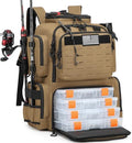 Tactical Fishing Backpack with Tackle Boxes, Rod Holders & Bottle Holder, 50 L Large Insulated Fishing Tackle Box Backpack with Cooler, Fishing Bag Store Gear & Equipment, 900 D Oxford, Brown - color: Brown
