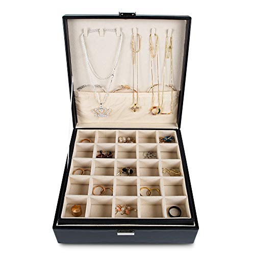 Frebeauty 50 Grid Earring Holder Organizer,2 Layer Jewelry Box for Women | faux leather,velvet lining,adjustable divider,jewelry organizer for ring necklace and bracelet,for home use and jewelry store - color: Black