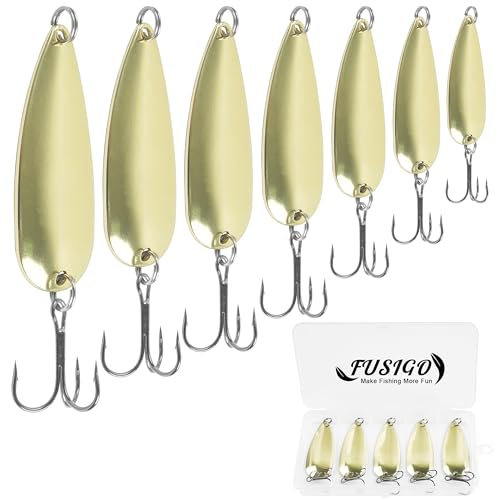 Fishing Spoons Fishing Lures Kit, 5pcs Gold Metal Jigging Casting Lure Trolling Spoon with with Treble Hooks for Trout Salmon Bass Walleye Trout - size: 1oz(28g)