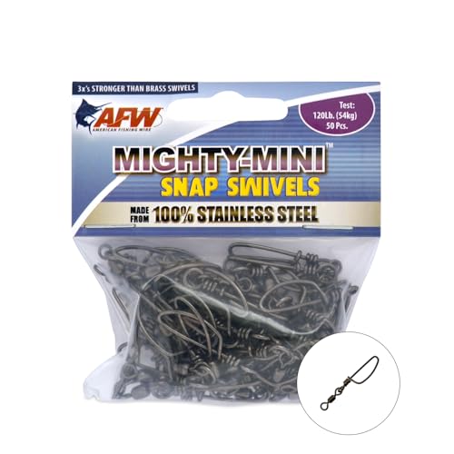 American Fishing Wire Fishing Swivels - Mighty Mini 100% Stainless Steel Snap Crane Swivels, 3X Stronger Than Brass, For Terminal Tackle Box, Up to 600lb Test - Fishing Gear for Fishing Line Leaders - style: #5, 120 Lb, 50 Pc
