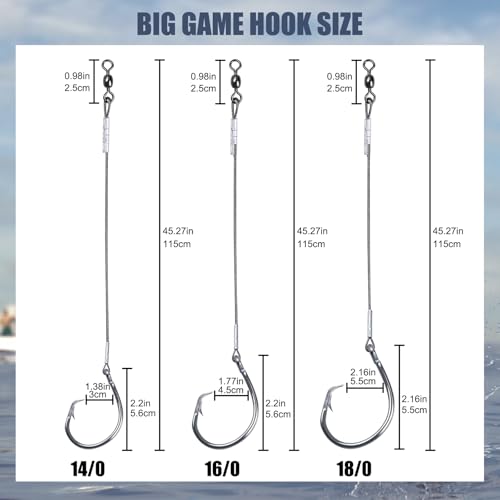 2 Pack Pre-Tied Shark Fishing Hook Rigs Heavy Duty Stainless Leader Wire and Big Game Circle Hooks 14/0 16/0 18/0 Ideal for Deep Sea Fishing Shark Tuna Halibut - size: 18/0 - 2 PCS