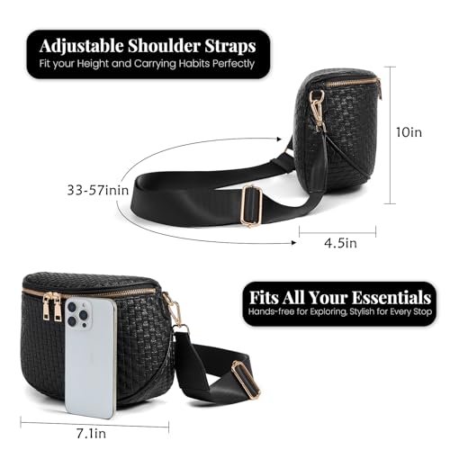 Woven Vegan leather Crossbody Bags For Women, Checkered Fashion PU Bum Bag Waist Pack, Travel Sling Purse with Adjustable Strap（Dark Black) - color: Dark Black