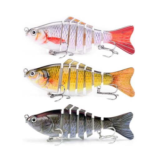WOLFSKIN Fishing Topwater Lures Set for Bass Trout 3pcs 4in Multi Jointed Swimbaits Slow Sinking Fishing Baits Kit Lifelike Swimming Fish Freshwater, Saltwater (3pcs)