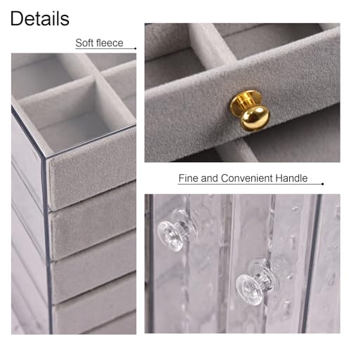 Greenfeather Jewelry Organizer and Storage with 7 Removable Drawers, Clear Acrylic Jewelry Box with 16 Necklace Hooks 48 Pairs of Earring Holes 5 Velvet-Lined Drawers for Rings Bracelets Necklaces - color: Gray-Style B