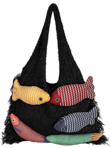 Knitted Beach Shoulder Bag for Women 3D Fish Bohemian Tote Versatile Purse Soft Hobo Handbag for Summer Vacation 2026 - color: D Black