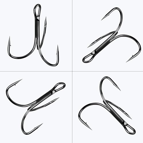 Fishing Treble Hooks Kit, 100pcs Triple Hooks Assortment Red Black Treble Fishing Hooks Sharp Round Bend High Carbon Steel Strong Replacement Fishing Hooks for Saltwater Freshwater