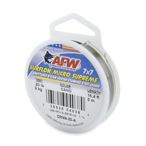 American Fishing Wire Surflon Micro Supreme Nylon Coated 7x7 Stainless Steel Leader Wire - Knottable Wire Leaders for Fishing Saltwater, Fly Fishing, 13lb Test - 90lb Test, Bright, Black & Camo Colors - color: Camo, style: 5 Meter, 20 Pound Test