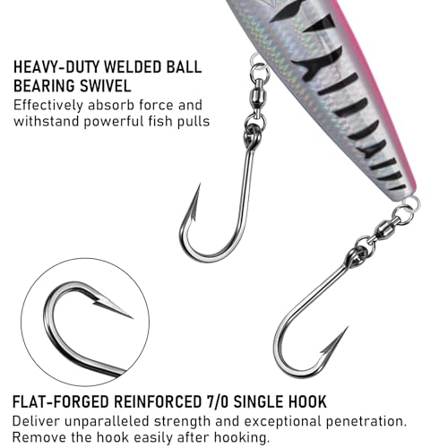 Alwonder High Speed Trolling Lures Up to 17 Knots Saltwater Fishing Lures Sinking Hard Baits 6-3/4”/7.5oz with Heavy-Duty 7/0 Hook Deep Diving Jerkbait Fishing Plug Offshore Lure for Marlin Tuna Wahoo - color: Pink Silver Mackerel