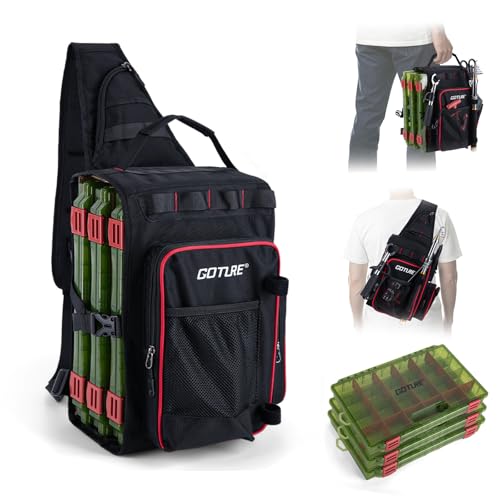 Goture OpenSide Tactical Sling Tackle Bag with 3 Tackle Trays, Lightweight Fishing Backpack Storge Gear - Black Bag Outdoor,Gift for men - color: Black, size: Small bag with 3600 trays, style: Bag + Fishing Boxes(handle)