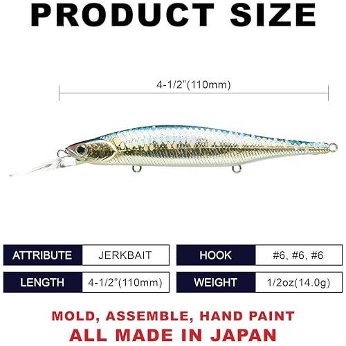 LUCKY CRAFT Lightning Pointer 110DD Deep Diver Freshwater Bass Fishing Lures, Jerkbait Suspending Fishing Lure for Bass & Walleye Fish, Long Casting Fish Gear Accessories for Tackle Box, - color: 270 MS American Shad
